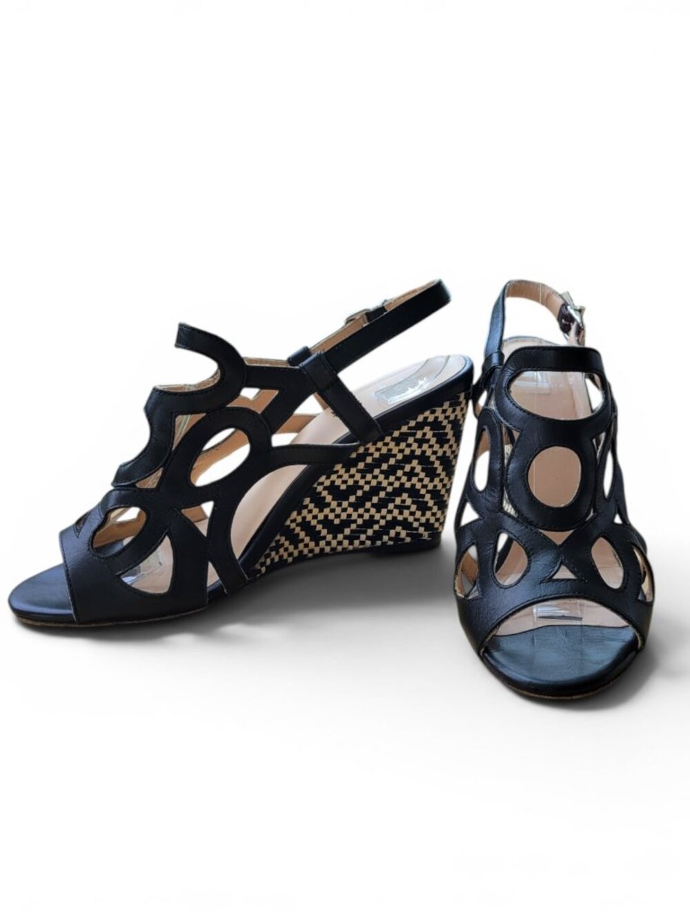 Aquatalia Vero Cuoio Black Leather Cutout 3.5" Wedge Heel Sandal